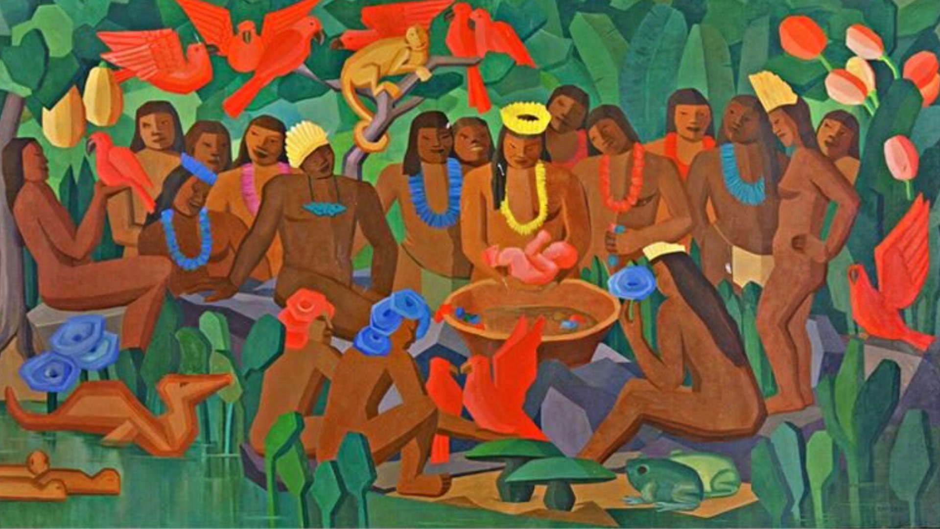 A pintura Batizado de Macunaíma, de Tarsila do Amaral, em 1956, retrata a cerimônia batismal da criança que nasceu do fundo do mato virgem | Reprodução: Arte Brasileiros
