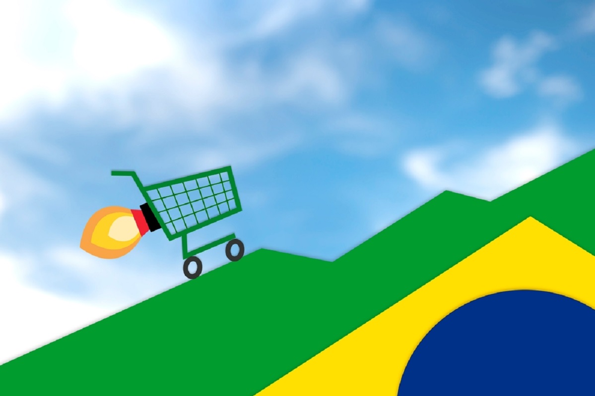 Carrinho de supermercado subindo a bandeira do Brasil | Imagem: Marciobnws/Shutterstock