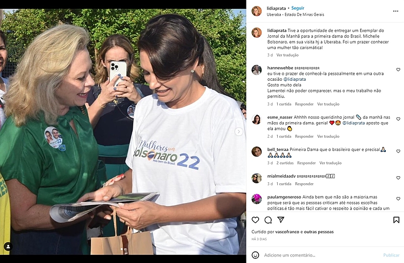 Com adesivo no peito, proprietária da rádio JM online se encontrou com a primeira dam Michelle Bolsonaro e postou registro nas redes sociais | Imagem: reprodução/instagram