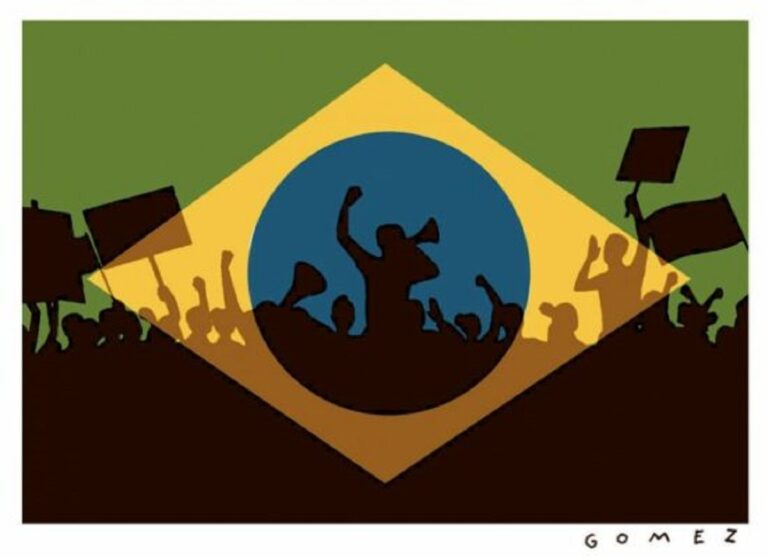 Crédito: Caio Gomez/CB/D.A Press. Sombra de pessoas protestando na bandeira do Brasil.